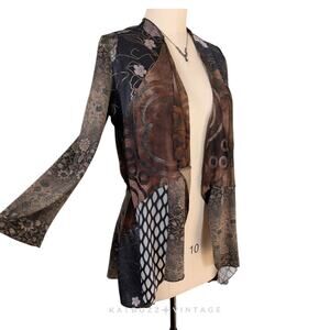 Y2K Anis Cardigan Top M Brown Black Patchwork Whimsigoth Artsy Eclectic Burnout